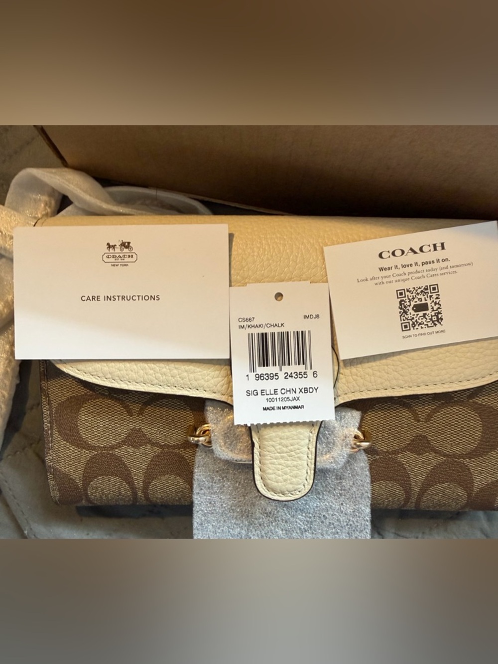 Coach Elle Chain Crossbody Signature Canvas Khaki Chalk Leather NWT Full Set - Picture 4 of 11